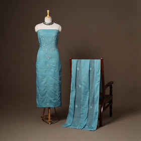 Blue - 2pc kota doria cotton unstitched lucknow chikankari