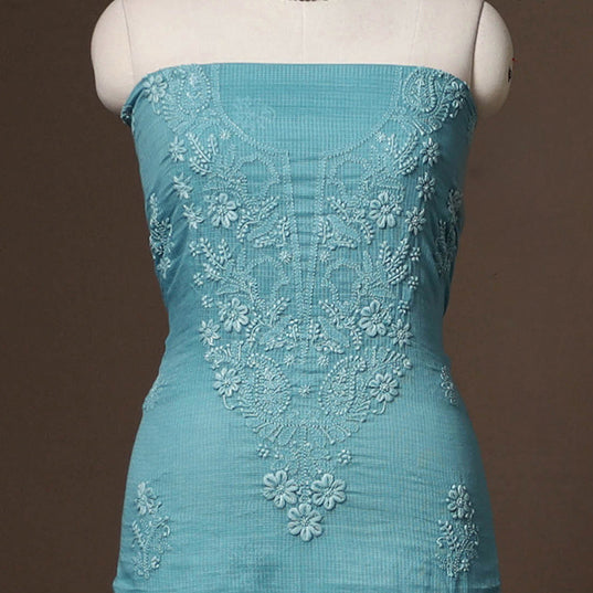 Blue - 2pc kota doria cotton unstitched lucknow chikankari