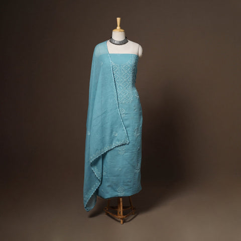 Blue - 2pc kota doria cotton unstitched lucknow chikankari
