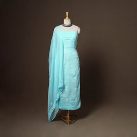 Blue - 2pc kota doria cotton unstitched lucknow chikankari