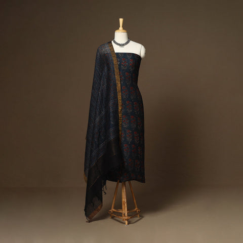 Blue - 2pc linen silk natural dyed unstitched dress