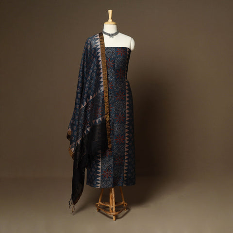 Blue - 2pc linen silk natural dyed unstitched dress