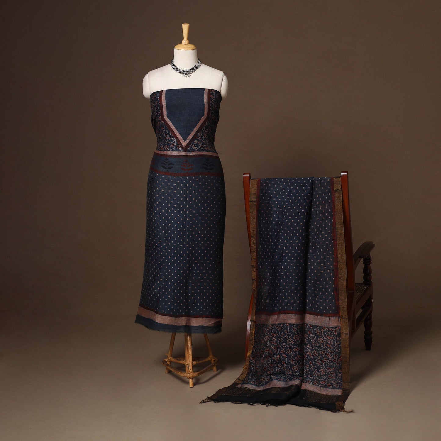 Blue - 2pc linen silk unstitched dress material 08