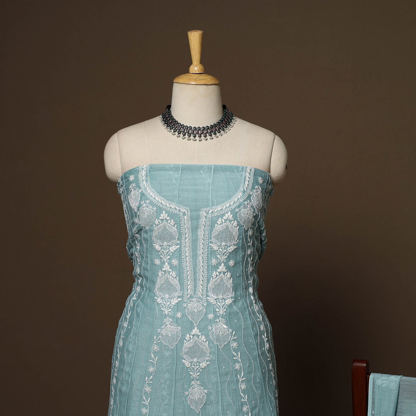 Blue - 2pc mul chanderi semi stitched hand beads work