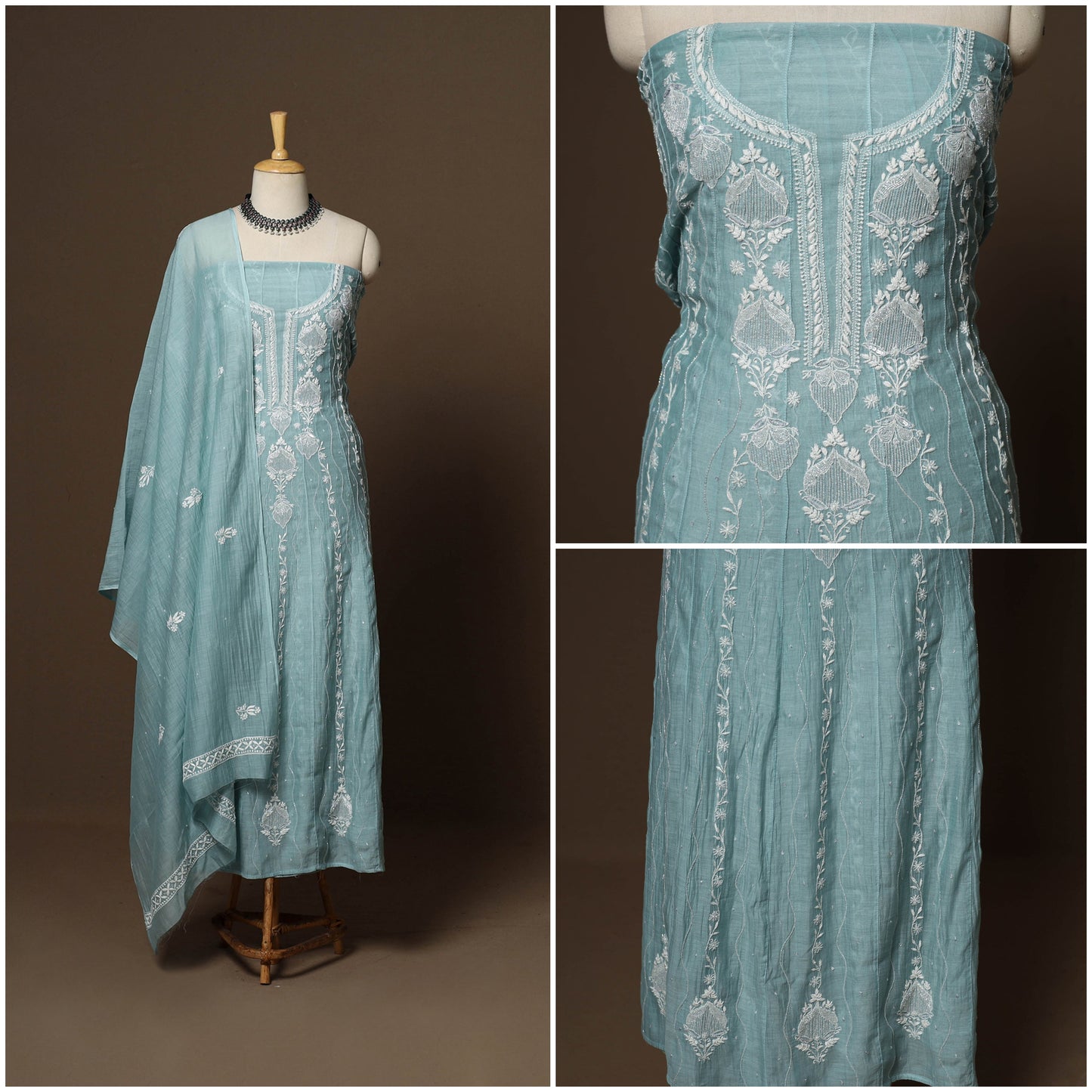 Blue - 2pc mul chanderi semi stitched hand beads work