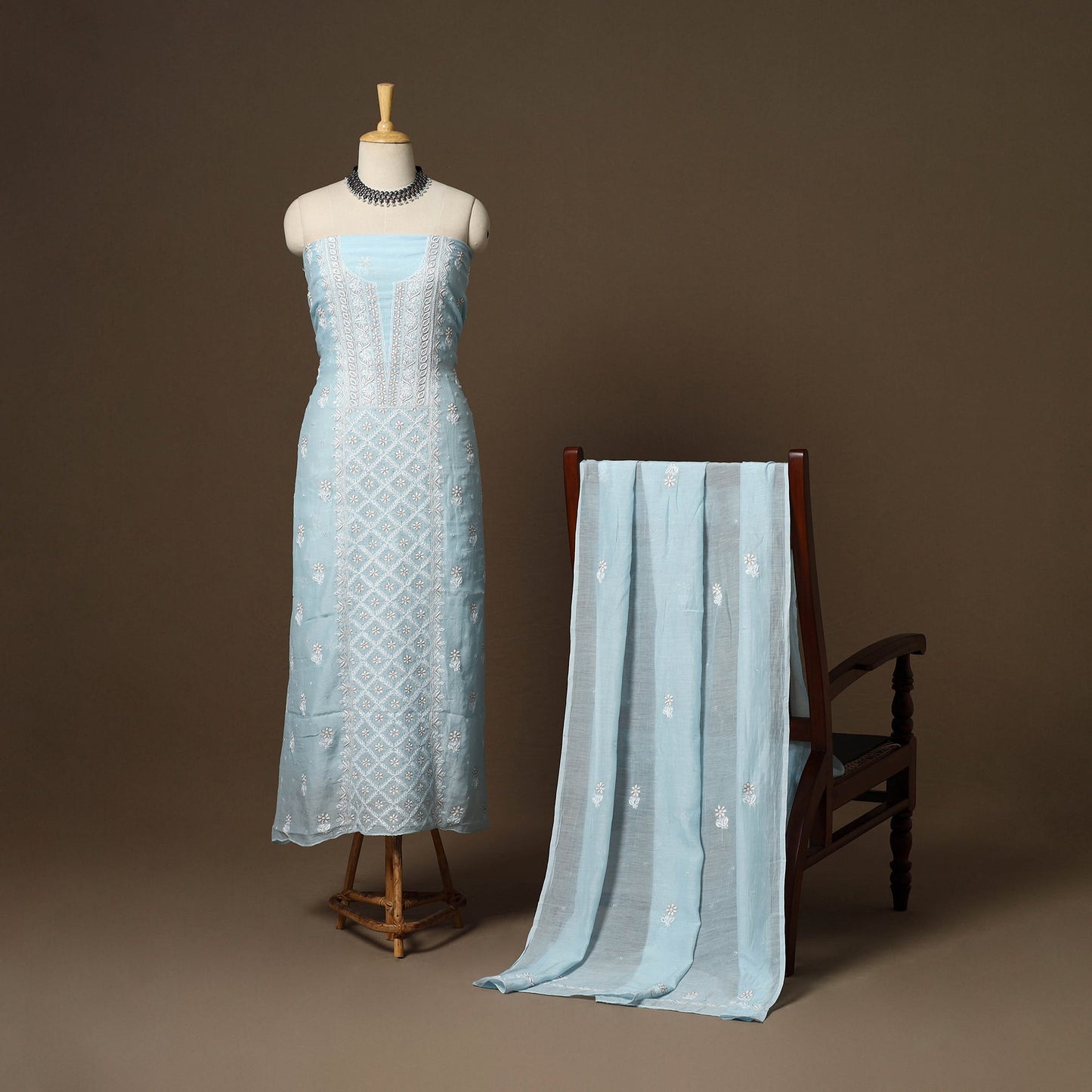 Blue - 2pc mul chanderi unstitched hand beads work heavy