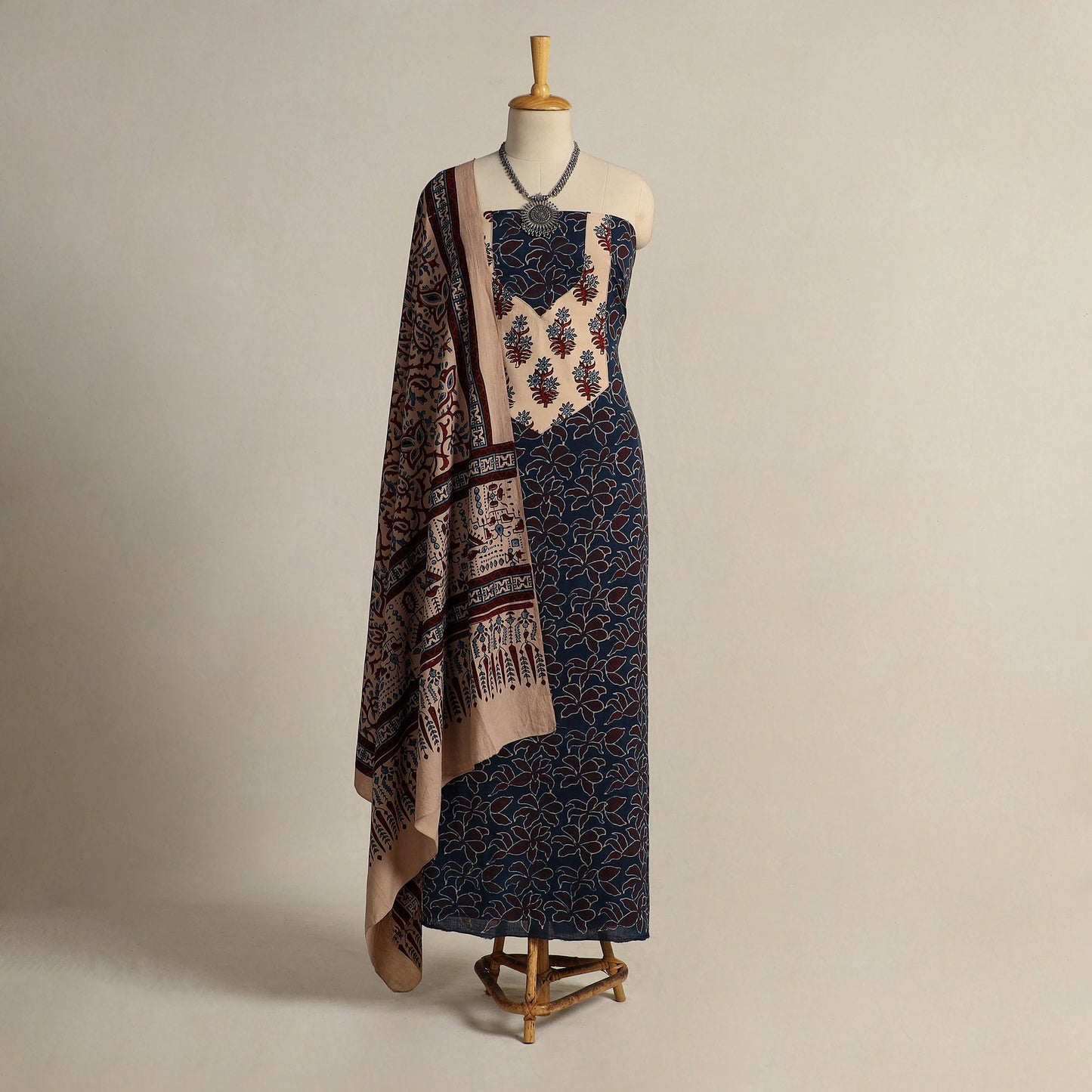  Blue 2pc Block Print Natural Dyed Ajrakh Dress Material