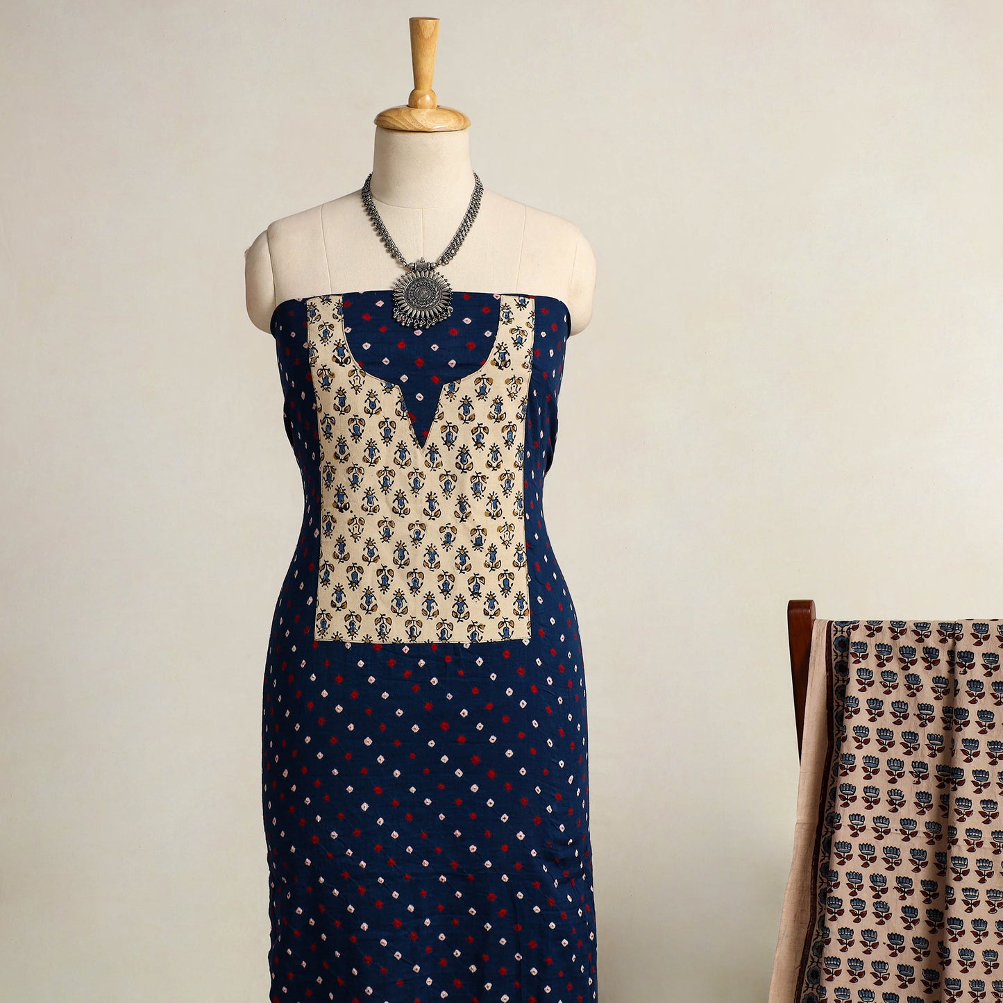  Blue 2pc Tie-Dye Cotton Bandhani Kurta with Ajrakh Dupatta