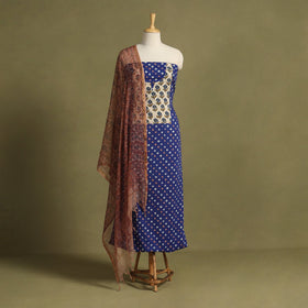 Blue 2pc Unstitched Bandhani Dress Material with Jewellery Set