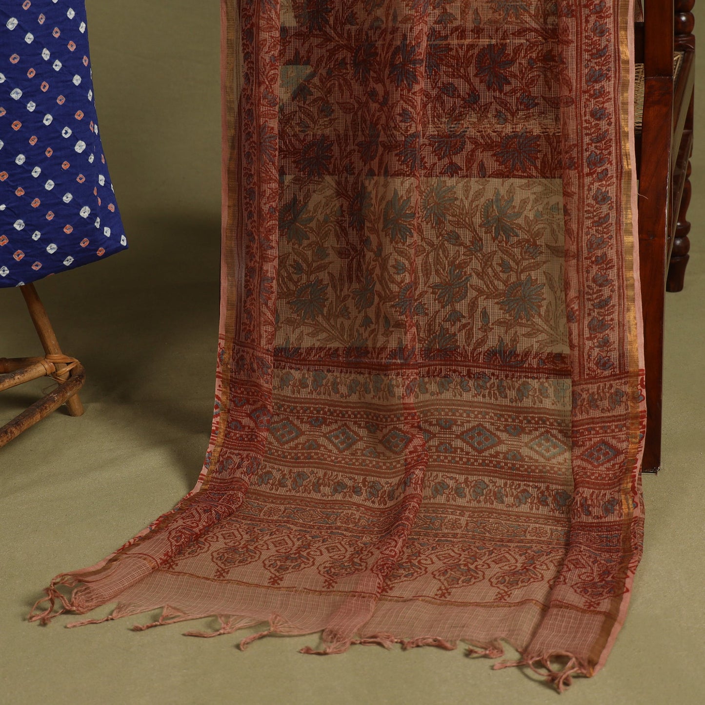 Blue 2pc Unstitched Bandhani Dress Material with Jewellery Set