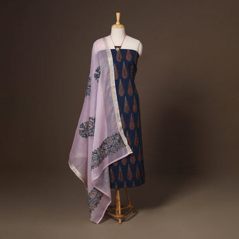 Blue - 2pc unstitched dress material with jewellery set 01