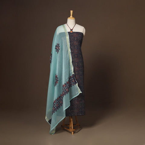 Blue - 2pc unstitched dress material with jewellery set 05