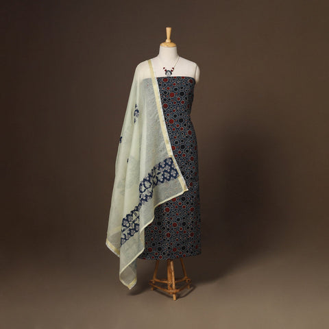 Blue - 2pc unstitched dress material with jewellery set 10