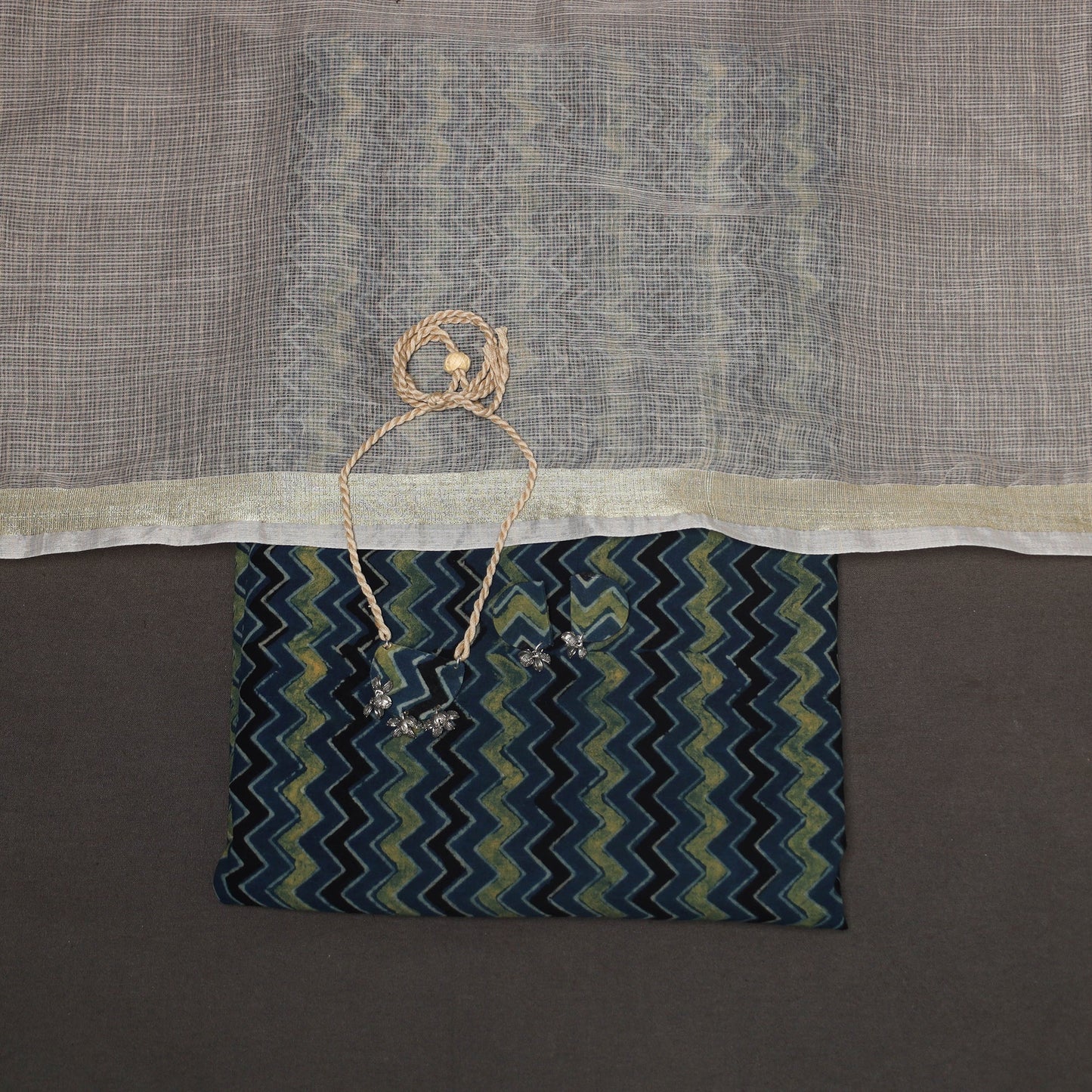 Blue - 2pc unstitched dress material with jewellery set 13