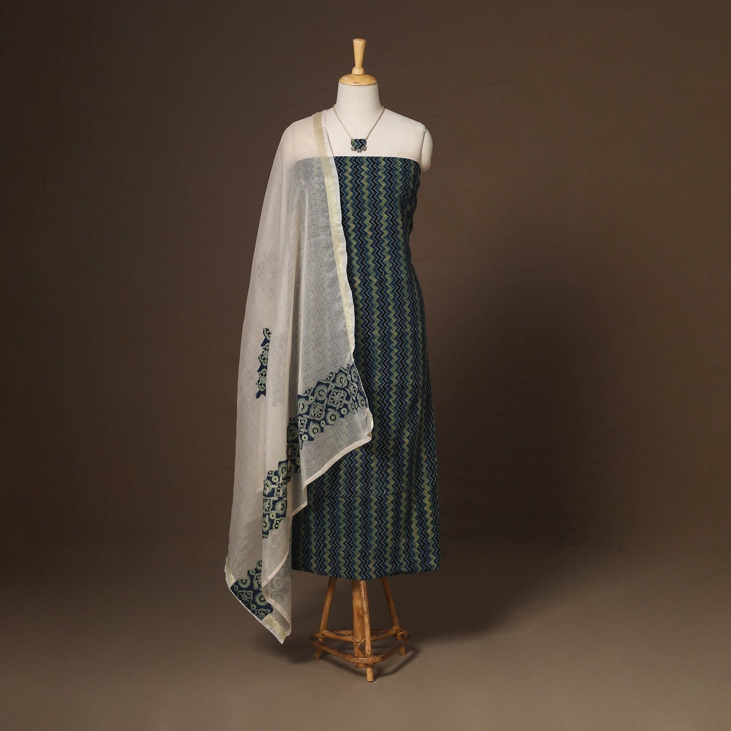 Blue - 2pc unstitched dress material with jewellery set 13