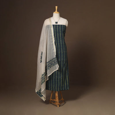 Blue - 2pc unstitched dress material with jewellery set 13