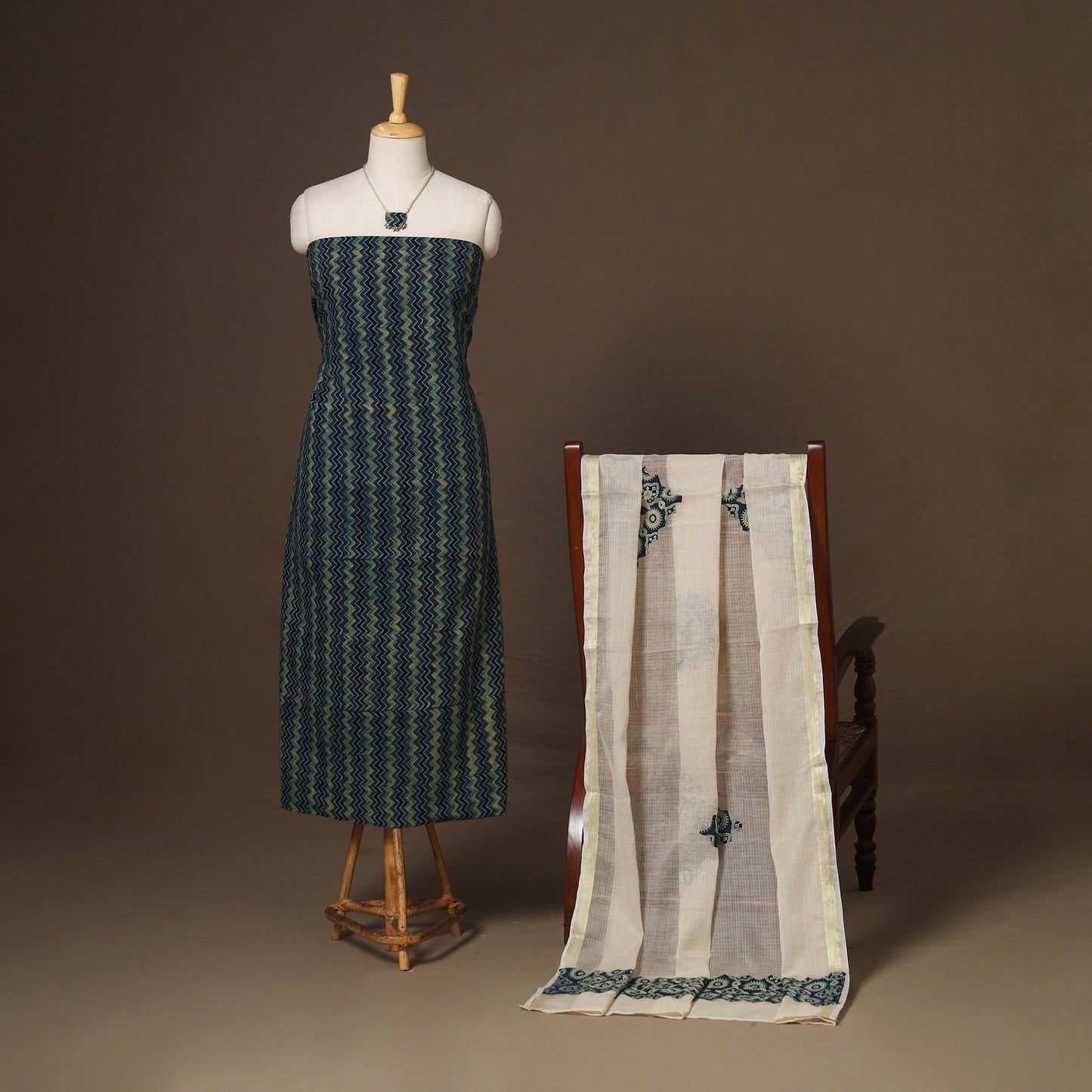 Blue - 2pc unstitched dress material with jewellery set 13