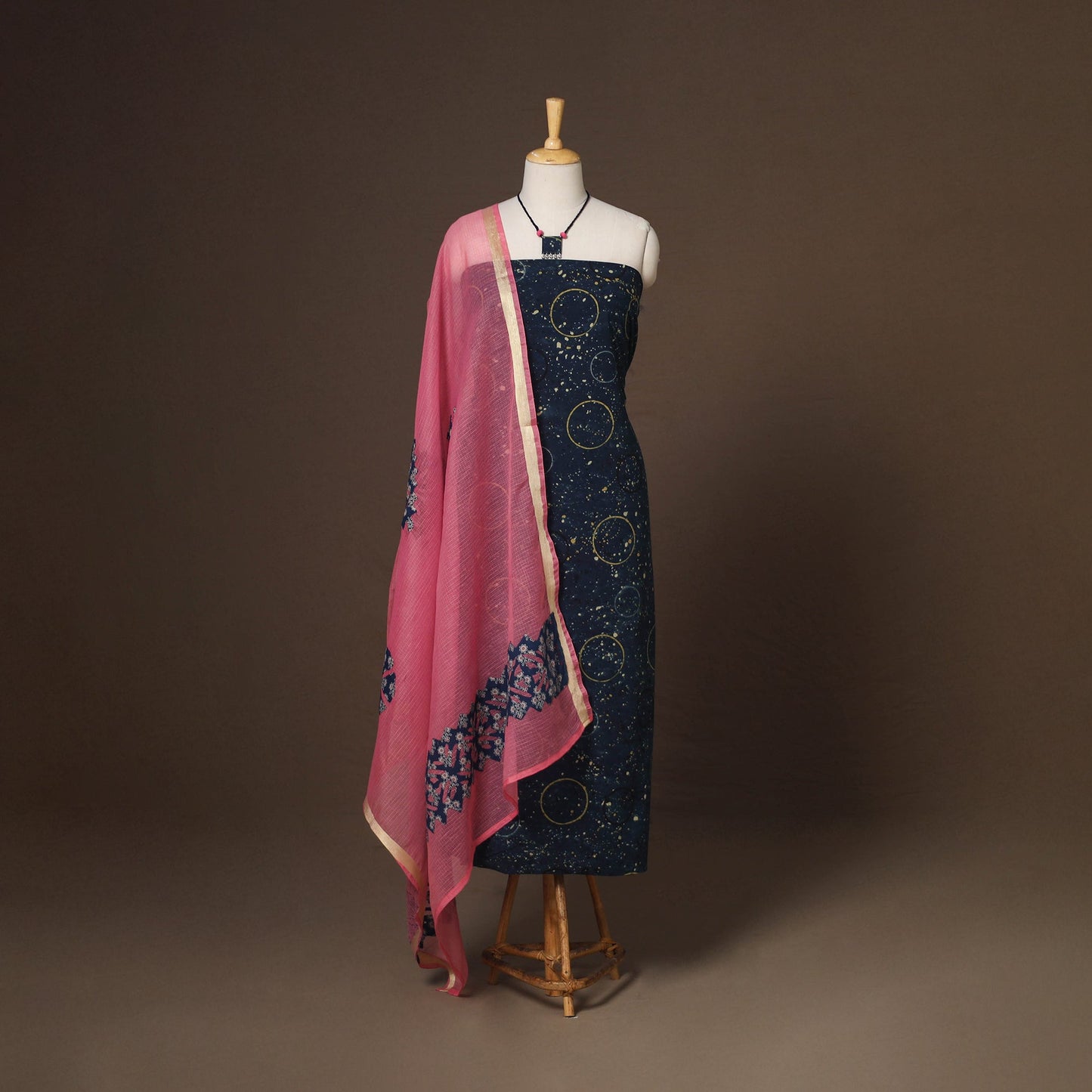 Blue - 2pc unstitched dress material with jewellery set 14