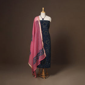 Blue - 2pc unstitched dress material with jewellery set 14