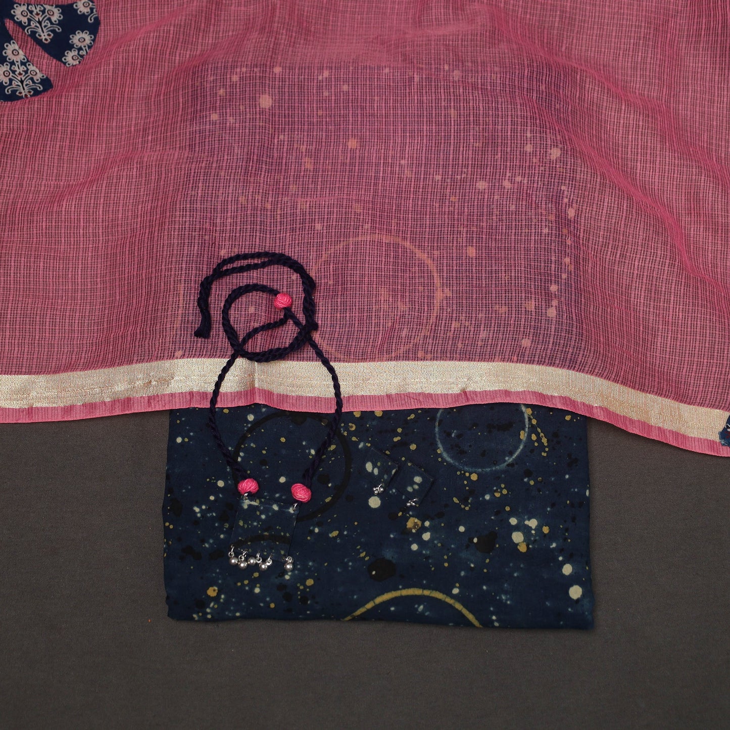 Blue - 2pc unstitched dress material with jewellery set 14