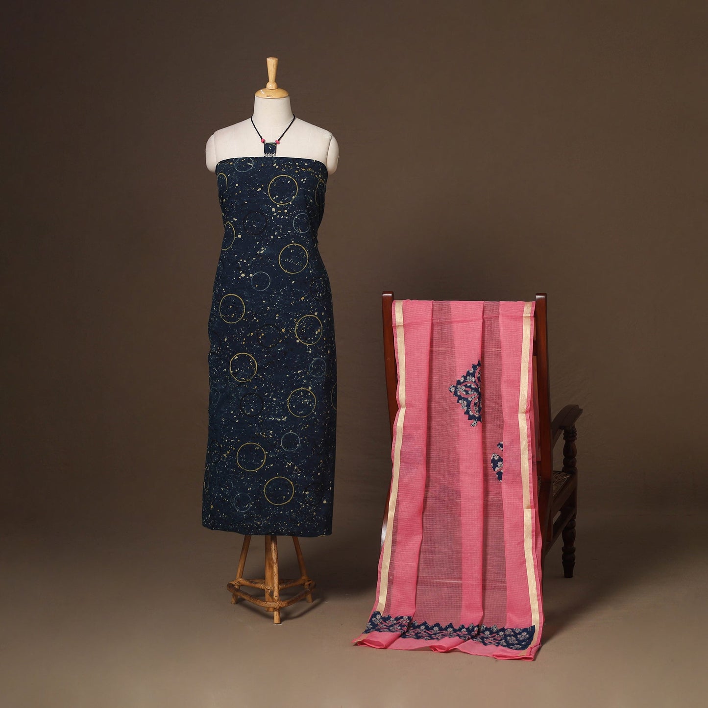 Blue - 2pc unstitched dress material with jewellery set 14