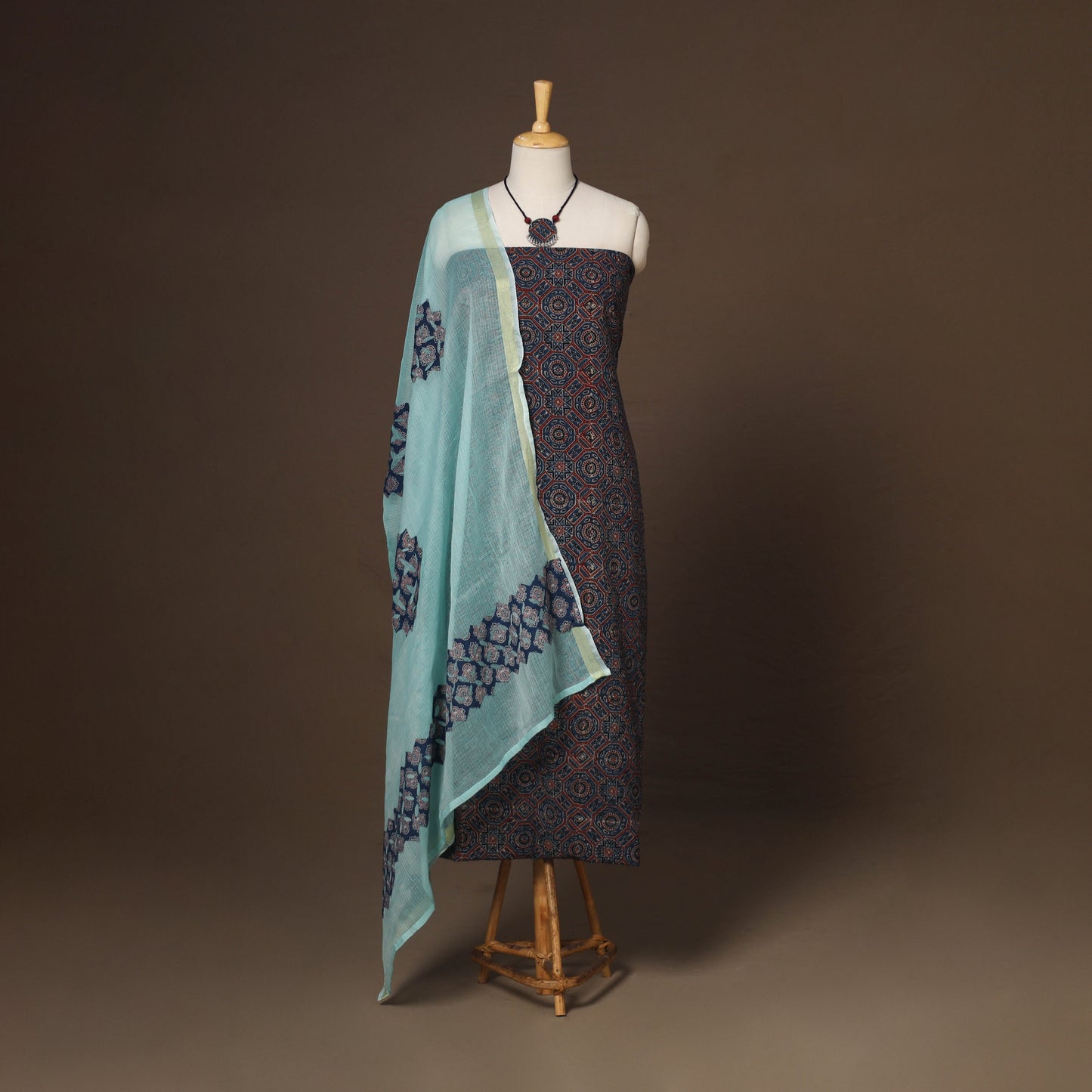 Blue - 2pc unstitched dress material with jewellery set 18