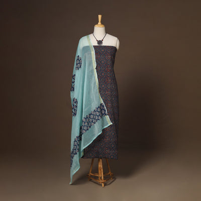 Blue - 2pc unstitched dress material with jewellery set 18