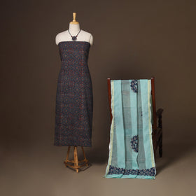 Blue - 2pc unstitched dress material with jewellery set 18