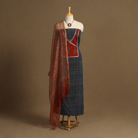 Blue 2pc Unstitched Ajrakh Dress Material with Jewellery Set