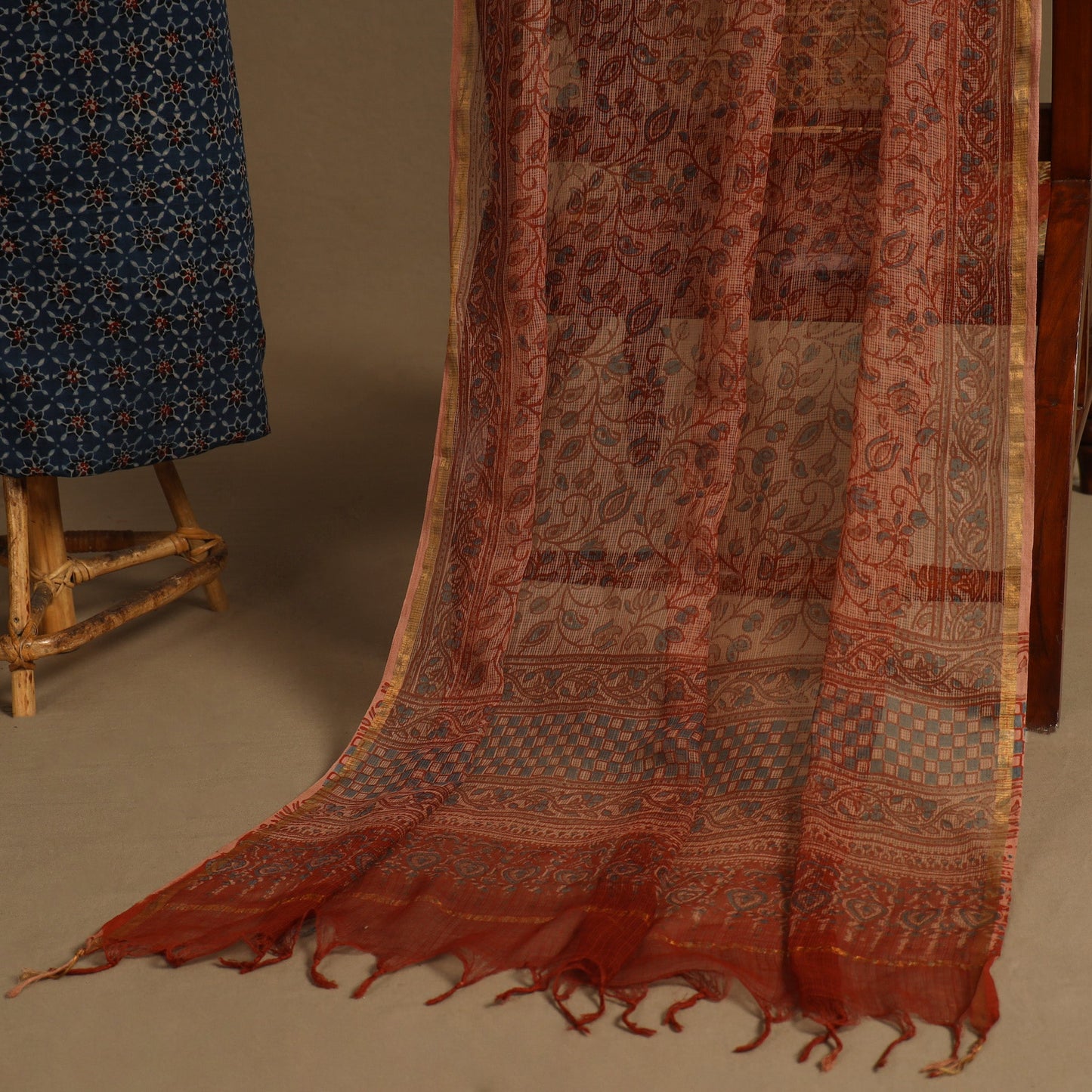 Blue 2pc Unstitched Ajrakh Dress Material with Jewellery Set