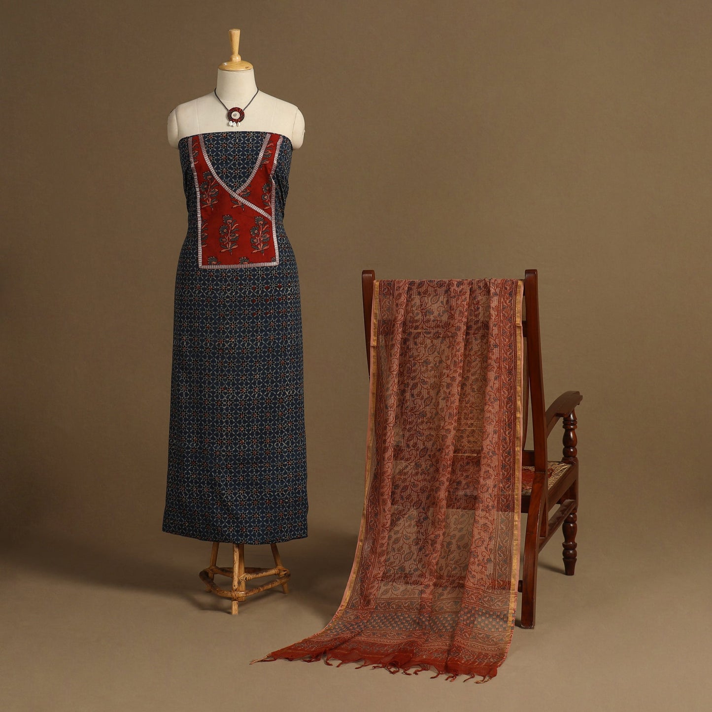 Blue 2pc Unstitched Ajrakh Dress Material with Jewellery Set