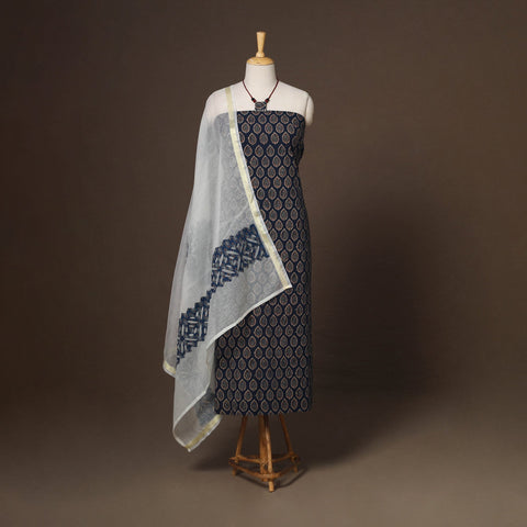 Blue - 2pc unstitched dress material with jewellery set 20