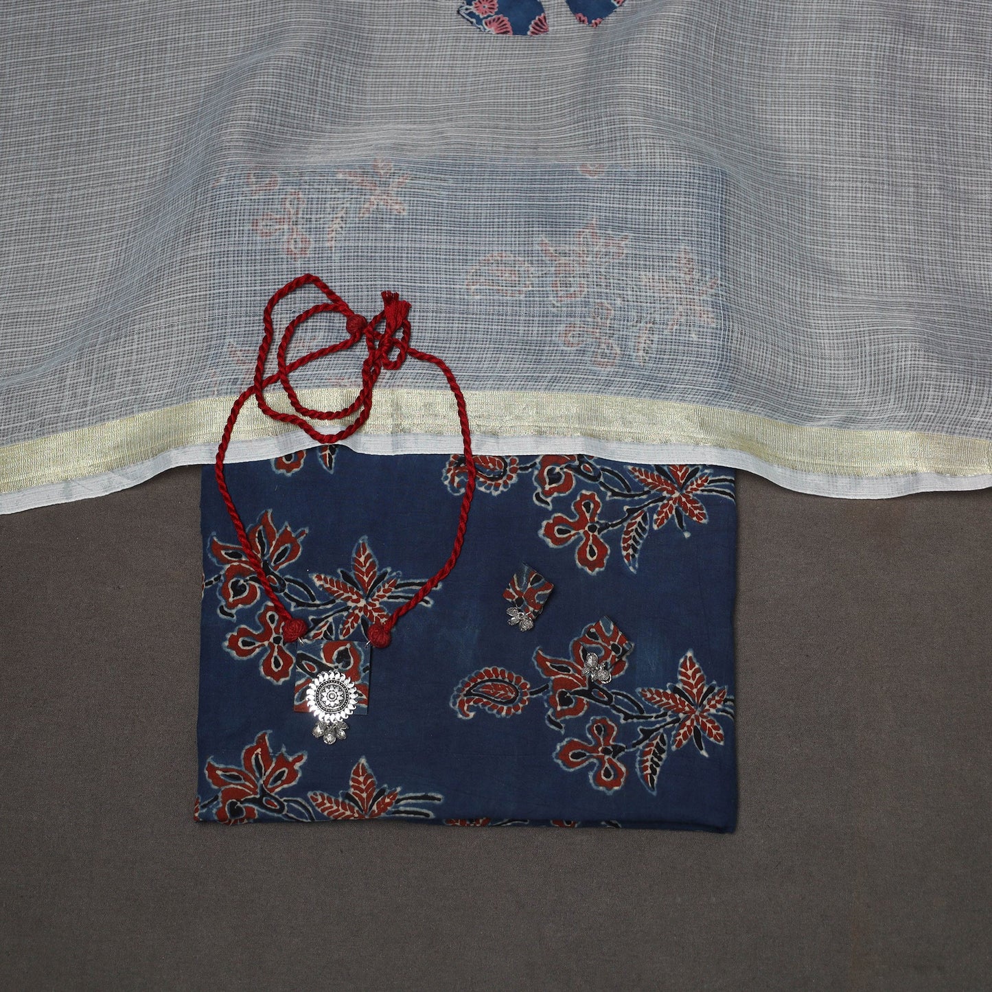 Blue - 2pc unstitched dress material with jewellery set 25