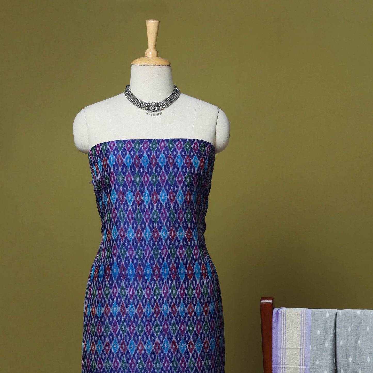 Blue - 2pc unstitched handloom sico pochampally ikat dress