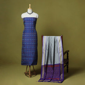 Blue - 2pc unstitched handloom sico pochampally ikat dress