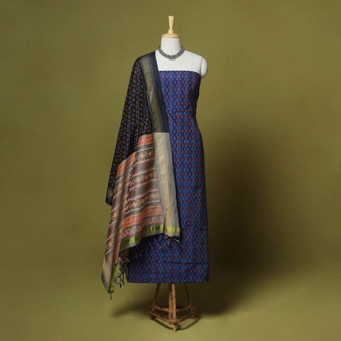 Blue - 2pc unstitched handloom sico pochampally ikat dress