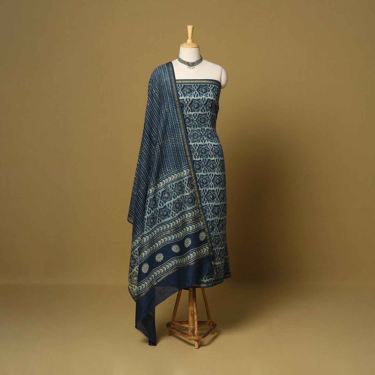 Blue - 3pc akola printed chanderi silk unstitched suit