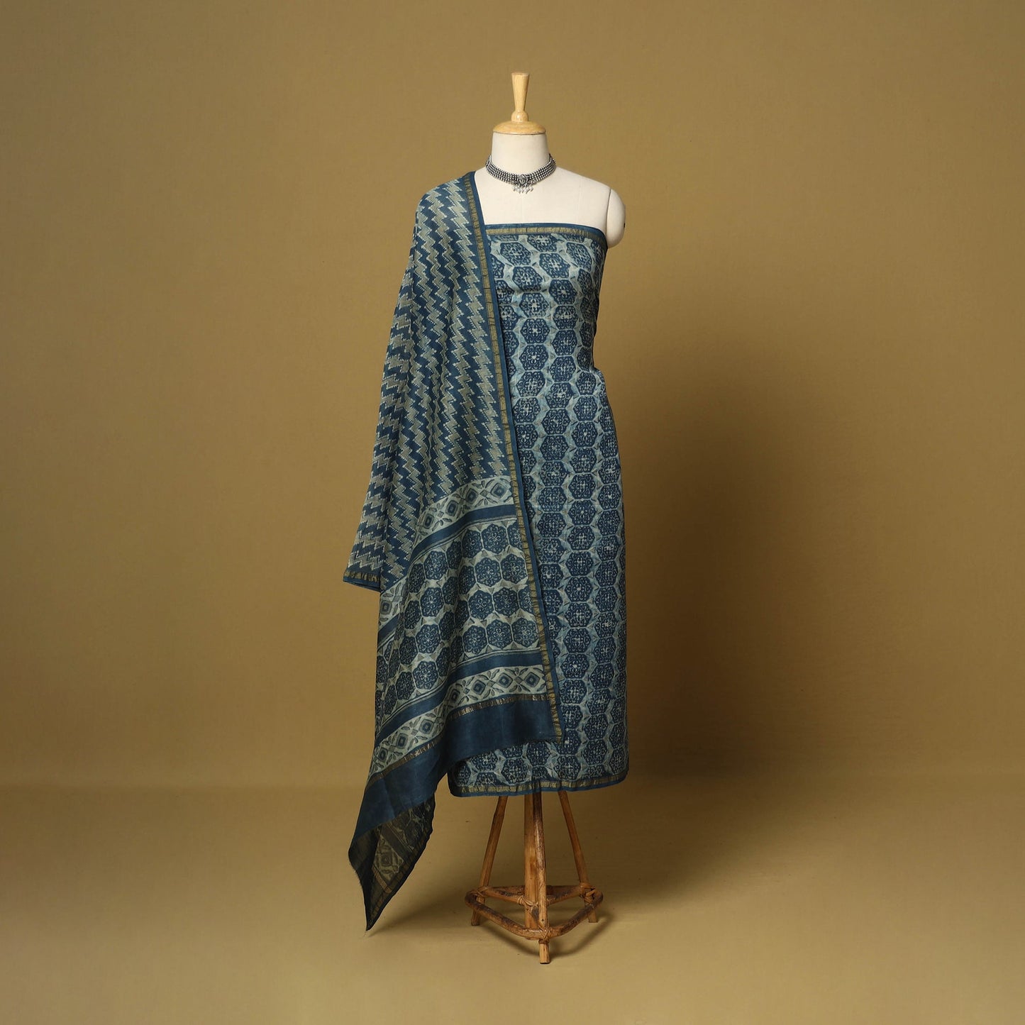 Blue - 3pc akola printed chanderi silk unstitched suit