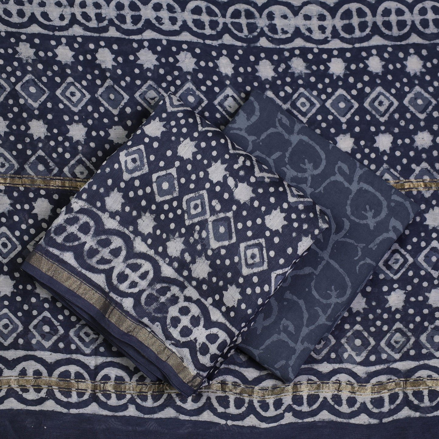 Blue - 3pc Bagru Block Print Chanderi Silk Suit Material Set