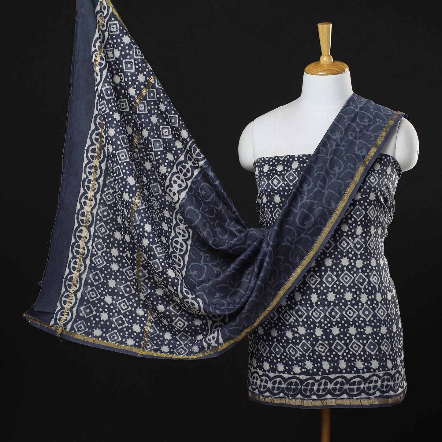 Blue - 3pc Bagru Block Print Chanderi Silk Suit Material Set