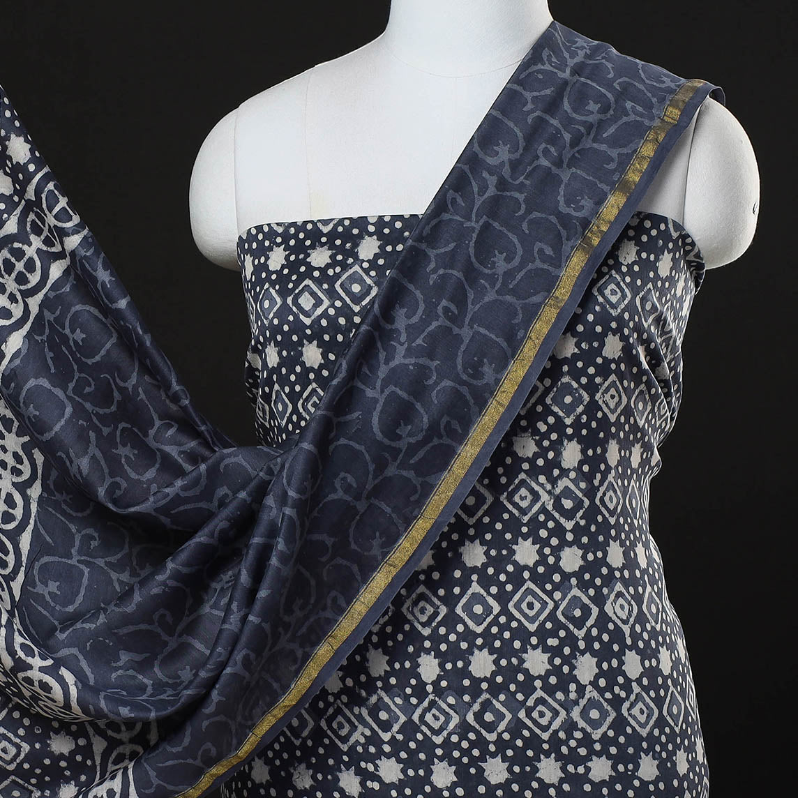 Blue - 3pc Bagru Block Print Chanderi Silk Suit Material Set