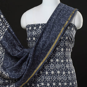 Blue - 3pc Bagru Block Print Chanderi Silk Suit Material Set