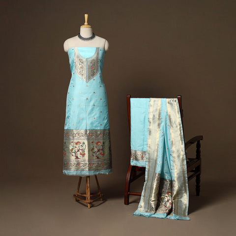 Blue - 3pc bangalore silk paithani dress material 04