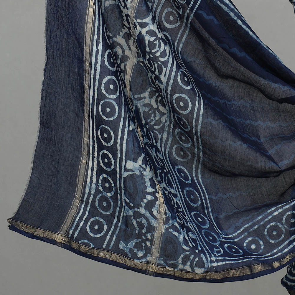 Blue 3pc Chanderi Silk Indigo Bagru Print Dress Material