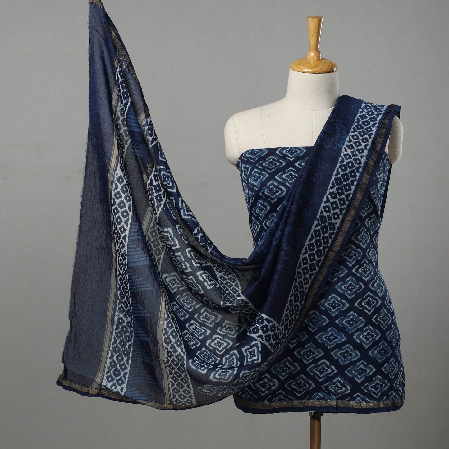 Blue 3pc Chanderi Silk Indigo Bagru Print Dress Material