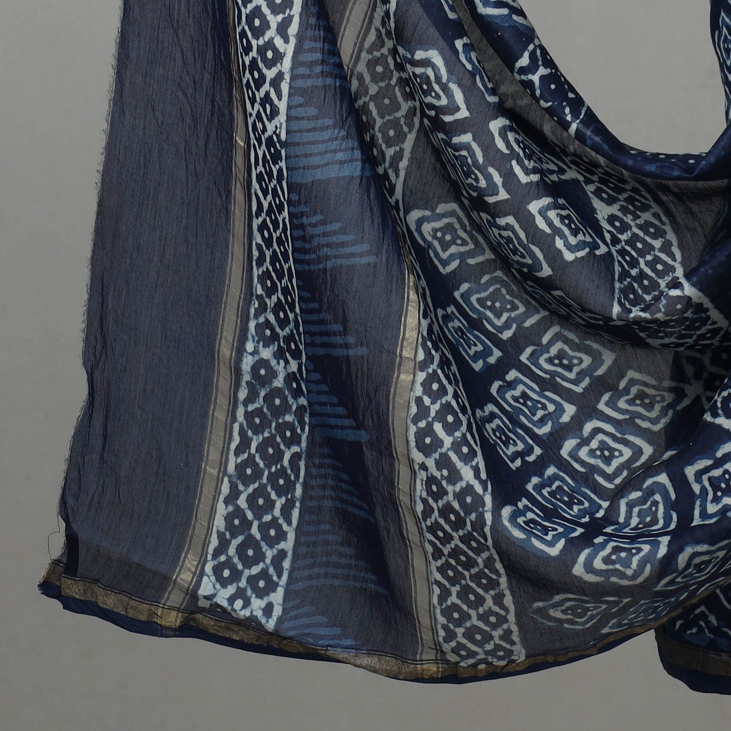 Blue 3pc Chanderi Silk Indigo Bagru Print Dress Material