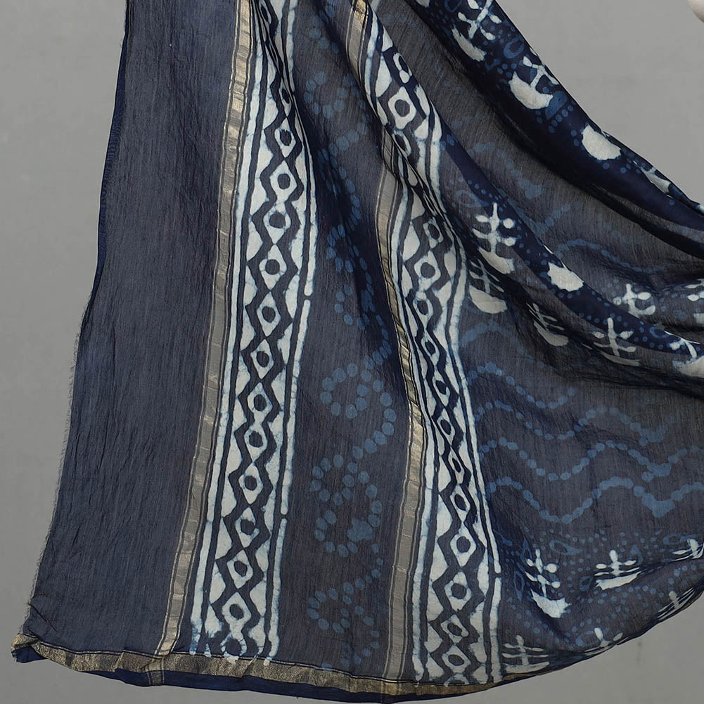 Blue 3pc Chanderi Silk Indigo Bagru Print Dress Material