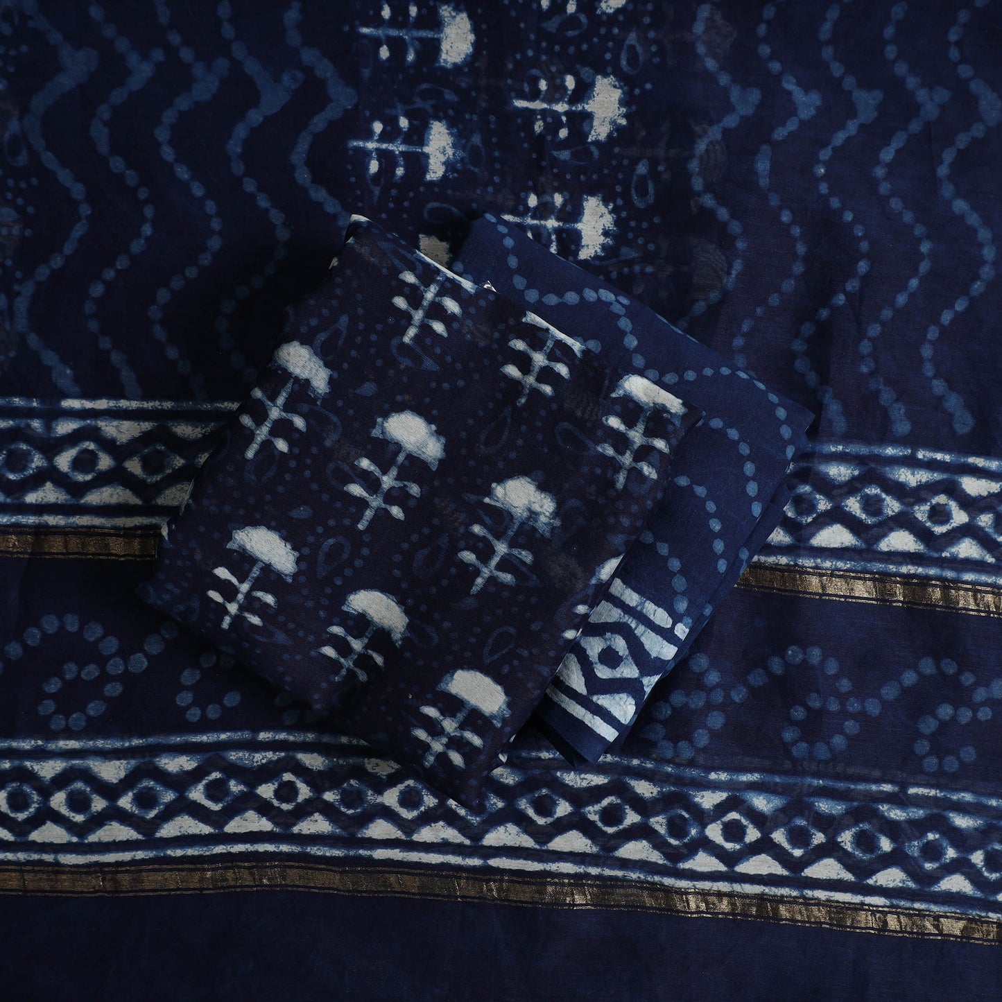 Blue 3pc Chanderi Silk Indigo Bagru Print Dress Material