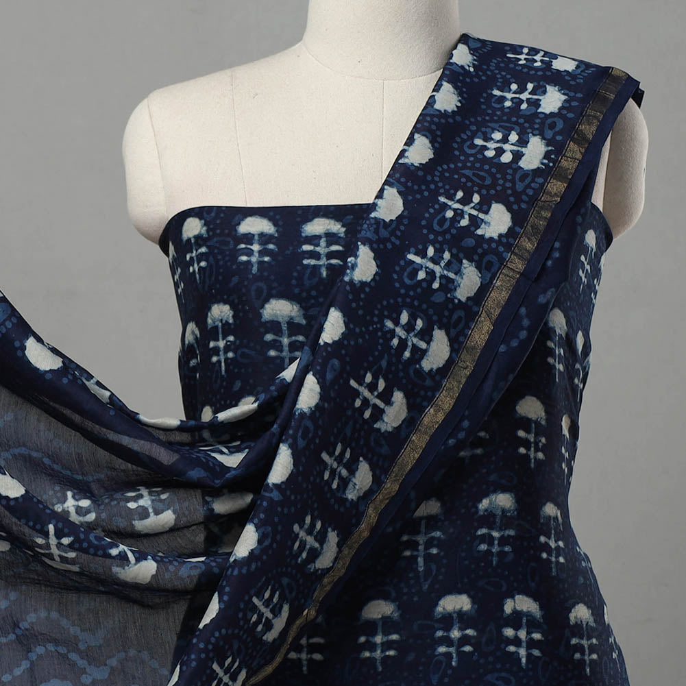 Blue 3pc Chanderi Silk Indigo Bagru Print Dress Material
