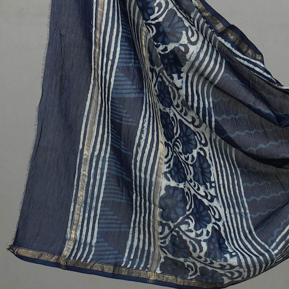 Blue - 3pc chanderi silk indigo bagru unstitched dress